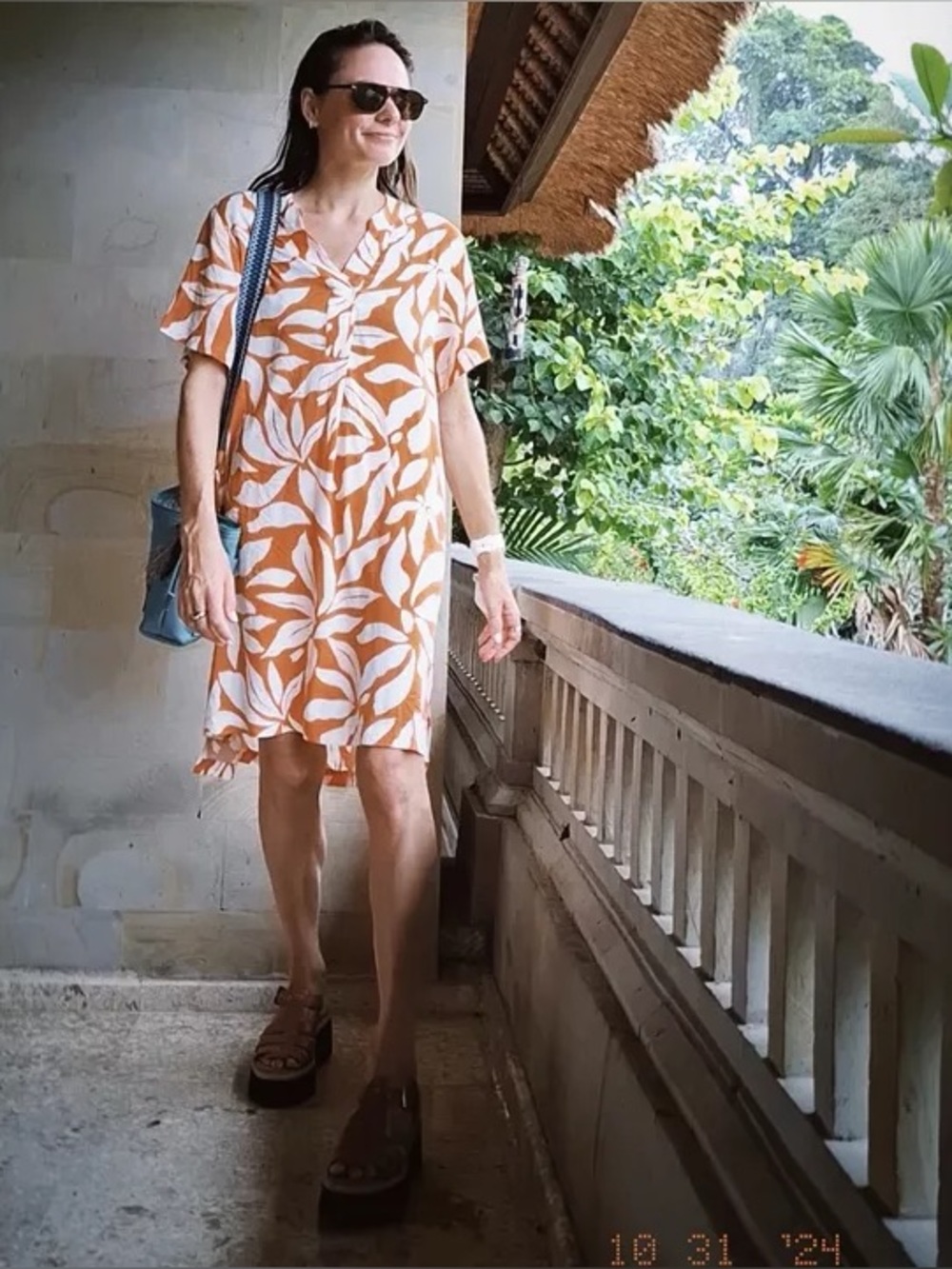 H&M White Top with Orange Leaf Motif